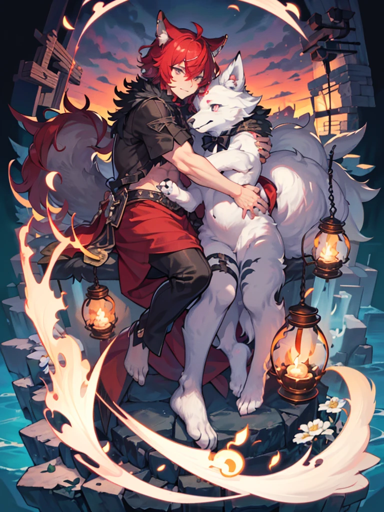 Kolaqi style，dark、Depression，Full of weird elements,Red hair all over, Male wolf,short hair, Bright Eyes,The eyes are gray，With black bow，White belly，The tip of the tail is white，Meatballs Pink,hairy,hairy male ,Male focus,Flower charcoal,(Body hair, hairy tail, Red fur)
