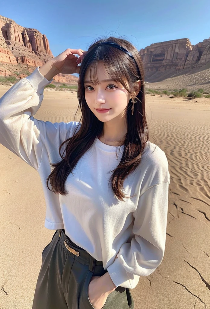 ((Highest quality)), ((masterpiece)), ((Realistic)), ((Highest quality)), ((masterpiece)), ((Realistic)), Girl Walking In The Desert, Looks tired, Loose clothing, long sleeve shirt and trousers, headgear, sunglasses, so beautiful, Natural and casual style at eye level, Scenic, masterpiece, (High resolution), original, extremely detailed 8K , (photoRealistic:1.4),Perfect Face, Perfect Eyes,Symmetrical body type,smile, 