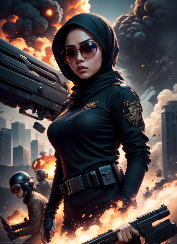 Medium ed malay woman in hijab, sunglasses, sci-fi, with gun, explosions behind, movie poster, cinematic lighting, smoke effect at the bottom, movie shot framing, high quality, ultra detail, 8k, movie poster composition,