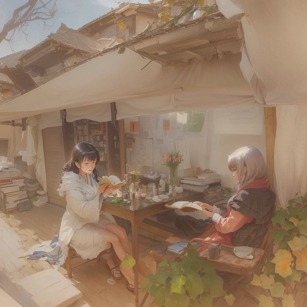 A picture of a woman sitting at a table reading a book, by Kamisaka Sekka, Painted in an anime artist&#39;s studio, by Kamaguruka, Created by Anime Painter Studio, Xin Haicheng, By Akihiko Yoshida, guweiz on pixiv artstation, スタジオグリブリー Xin Haicheng, Blazing flames, smooth concept art from Studio Ghibli, fire, crowd, throng, freezing, mother warming her baby.Scenery and Cityscape in the Early Meiji Era After the Meiji Restoration, Japan underwent rapid modernization and civilization. Consequently, many changes and reforms occurred. Below is a detailed explanation of the scenery, appearance of the poor, occupations, and cityscapes in the early Meiji period (1868 to the early 1880s). 2. Appearance of the Poor Life for the impoverished and lower classes remained harsh. In particular, in urban areas, people migrated from rural areas or unemployed artisans gathered, intensifying competition in the labor market. Many of them struggled with poverty, often residing in slums or around temples. 3. Occupations Meiji early Japan witnessed a diversification of occupations. Traditional agriculture and handicrafts were accompanied by the rise of modern industry and commerce. Particularly in urban areas, factory workers, shop clerks, and transporters increased, giving rise to new professions. However, many in these occupations endured harsh working conditions. 4. Influence of Civilization and Enlightenment During the Meiji era, Western cultural influences spread rapidly. Changes in clothing, tary habits, and the proliferation of Western-style architecture advanced, especially in urban areas. Conversely, this development posed a threat to traditional culture and lifestyles, resulting in societal upheaval and adaptation challenges. 5. Social Change and Policy Influence While promoting modernization policies, the government also addressed poverty and social issues. Legislation for labor protection and charitable activities to aid the poor were implemented. Nevertheless, living conditions for the impoverished scarcely improved. The early Meiji period marked a rapid transformation in Japan, with complex