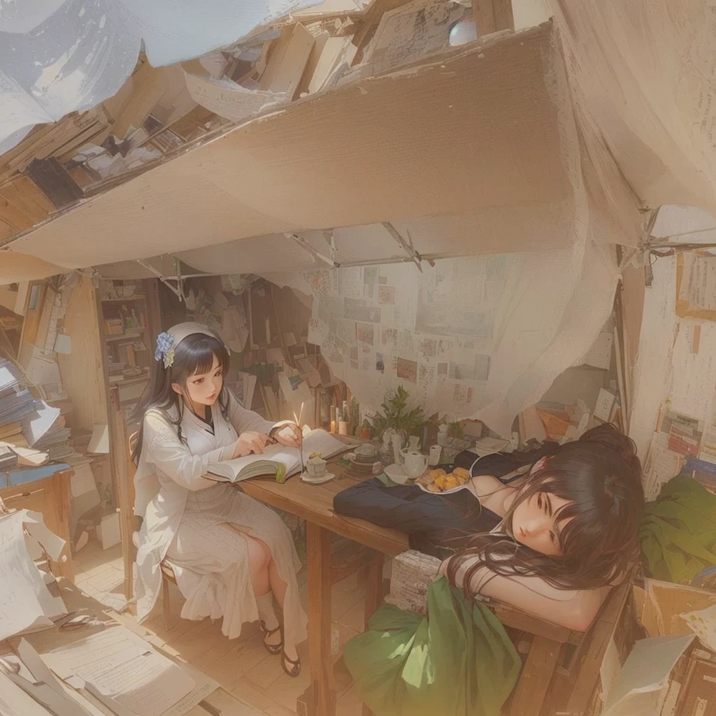 A picture of a woman sitting at a table reading a book, by Kamisaka Sekka, Painted in an anime artist's studio, by Kamaguruka, Created by Anime Painter Studio, Xin Haicheng, By Akihiko Yoshida, guweiz on pixiv artstation, スタジオグリブリー Xin Haicheng, Blazing flames, smooth concept art from Studio Ghibli, fire, crowd, throng, freezing, mother warming her baby.Scenery and Cityscape in the Early Meiji Era After the Meiji Restoration, Japan underwent rapid modernization and civilization. Consequently, many changes and reforms occurred. Below is a detailed explanation of the scenery, appearance of the poor, occupations, and cityscapes in the early Meiji period (1868 to the early 1880s). 2. Appearance of the Poor Life for the impoverished and lower classes remained harsh. In particular, in urban areas, people migrated from rural areas or unemployed artisans gathered, intensifying competition in the labor market. Many of them struggled with poverty, often residing in slums or around temples. 3. Occupations Meiji early Japan witnessed a diversification of occupations. Traditional agriculture and handicrafts were accompanied by the rise of modern industry and commerce. Particularly in urban areas, factory workers, shop clerks, and transporters increased, giving rise to new professions. However, many in these occupations endured harsh working conditions. 4. Influence of Civilization and Enlightenment During the Meiji era, Western cultural influences spread rapidly. Changes in clothing, dietary habits, and the proliferation of Western-style architecture advanced, especially in urban areas. Conversely, this development posed a threat to traditional culture and lifestyles, resulting in societal upheaval and adaptation challenges. 5. Social Change and Policy Influence While promoting modernization policies, the government also addressed poverty and social issues. Legislation for labor protection and charitable activities to aid the poor were implemented. Nevertheless, living conditions for the impoverished scarcely improved. The early Meiji period marked a rapid transformation in Japan, with complex