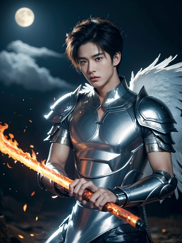 A asian boy like Mighty Archangel Michael, 20-29 years old, handsome, kpop idol actor, many jawline, manly chin, Full Body Shoot, (eyes contact), detailed facial parts, Manly, bare chest,
Quiff haircut :: high detail, is in highly detailed battle armor, holding a detailed flaming blue sword of golden pearls, detailed fingers, a flaming sacred aura radiating from his body, stylish model pose, moon background, surreal, fantasy, magical, intricate details, depth of field. Best quality, masterpiece, ultra high resolution, (anime realism, photorealistic: 1.4), perfect composition, centered, symmetry