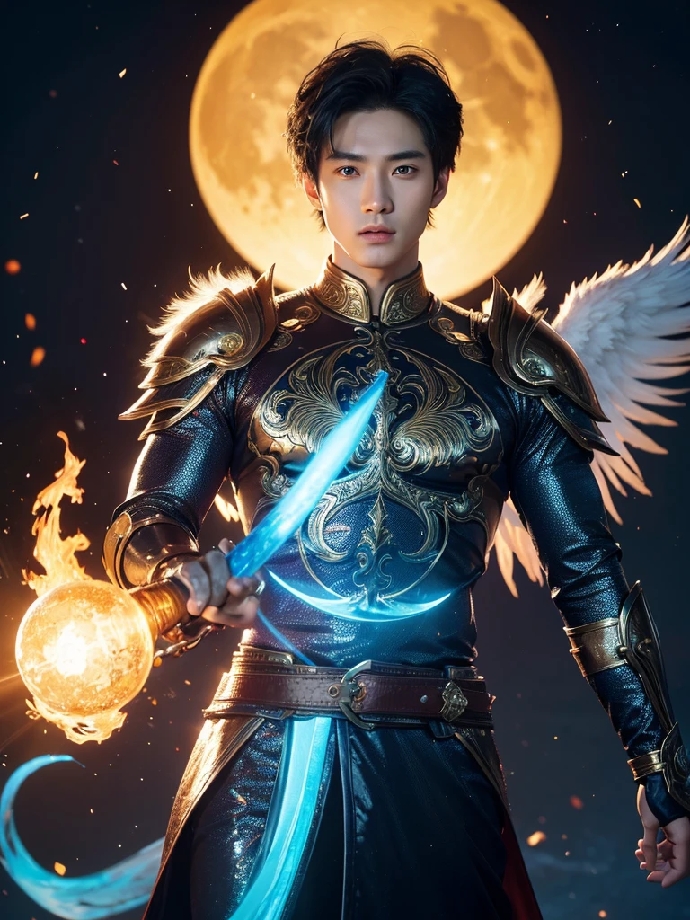 A asian boy like Mighty Archangel Michael, 20-29 years old, handsome, kpop idol actor, many jawline, manly chin, Full Body Shoot, (eyes contact), detailed facial parts, Manly, bare chest, 
Quiff haircut :: high detail, is in highly detailed battle armor, holding a detailed flaming blue sword of golden pearls, detailed fingers, a flaming sacred aura radiating from his body, stylish model pose, moon background, surreal, fantasy, magical, intricate details, depth of field. Best quality, masterpiece, ultra high resolution, (anime realism, photorealistic: 1.4), perfect composition, centered, symmetry