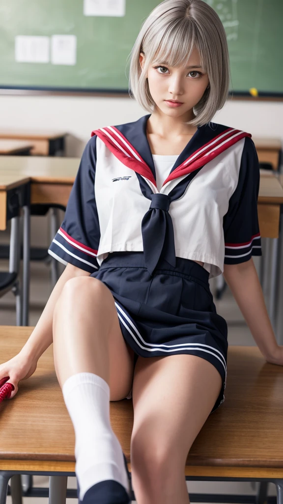最high quality, masterpiece, Ultra-high resolution, (Realistic:1.5), RAW Photos, One Girl, high school girl, In the Dark, Deep Shadow, Moderate, Cold Light, Sexy Looks, short Gray Hair (((Gray Hair))),Beautiful young woman,((( Japanese Sailor Suit,))) Asymmetrical bangs, Platinum and pink hair gradation, Pretty face, Pale red eyes,((( Big Scythe,))) , White Sailor Suit, Red scarf, Above the knee length skirt, Black Loafers, White socks, classroom, Realistic texture, high quality, Finer details, Sitting at a desk, Holding a sickle in his right hand, Place your left foot on the desk, Calm and cold expression, Centered, whole body.