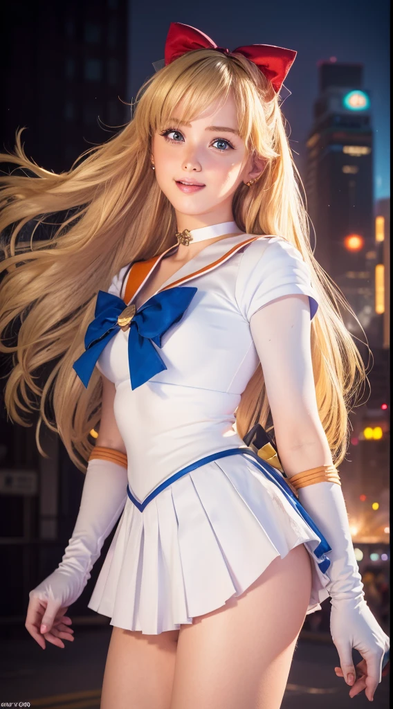 masterpiece, Highest quality, High resolution, Venus 1, One girl, alone, Sailor Warrior Uniform, Sailor Venus, aino minako, Blonde, Magical girl, blue eyes, Orange Skirt, Elbow hand pockets, tiara, Pleated skirt, Hair Ribbon, Orange sailor collar, mini skirt, choker, Red Bow, orange choker, White gloves, Very long hair,  jewelry,  Earrings, Cowboy Shot, smile,,More detailed 8K.Unreal Engine:1.4,超High resolution,La Highest quality:1.4, Realistic:1.4, Skin Texture:1.4, masterpiece:1.8,first work, Highest quality,Object Object], (Detailed facial features:1.3),(Fine hand:1.4),(Apocalyptic destroyed cityscape:1.4)