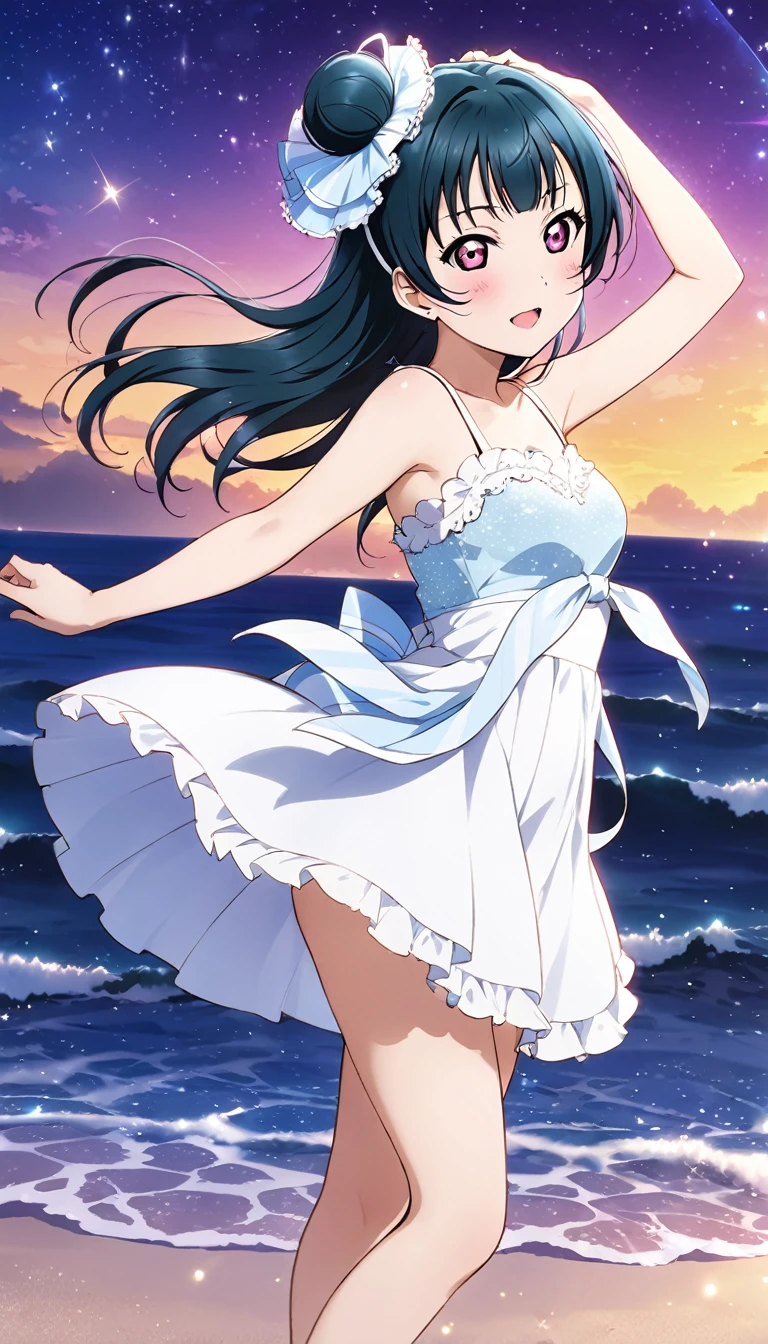 Tsushima Yoshiko from Love Live! Sunshine!!

Standing on a starlit beach
Long hair flowing in the wind, wearing a white dressBeautiful starry beach

Let me know if you need any adjustments

Bun on the right side of the head

