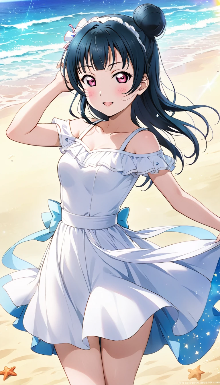 Tsushima Yoshiko from Love Live! Sunshine!!

Standing on a starlit beach
Long hair flowing in the wind, wearing a white dressBeautiful starry beach

Let me know if you need any adjustments

Bun on the right side of the head

