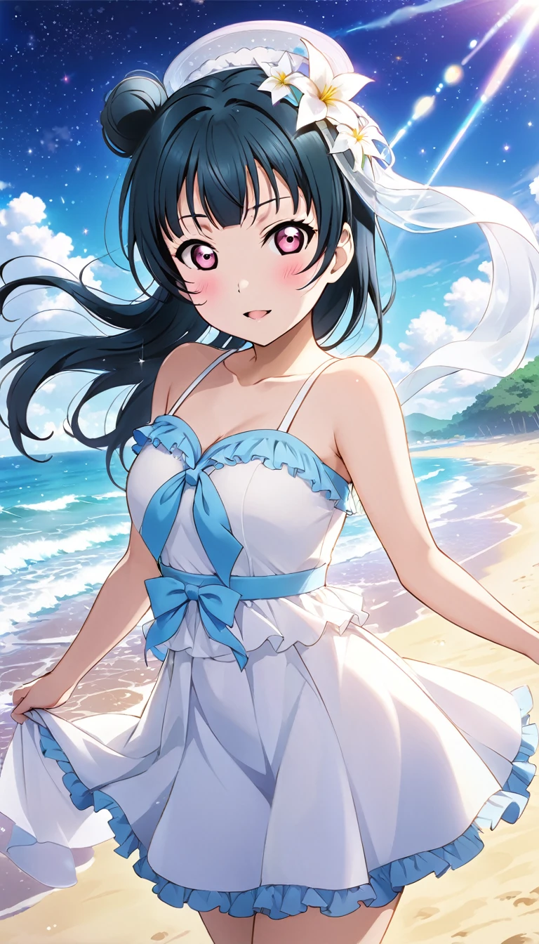 Tsushima Yoshiko from Love Live! Sunshine!!

Standing on a starlit beach
Long hair flowing in the wind, wearing a white dressBeautiful starry beach

Let me know if you need any adjustments

Bun on the right side of the head

