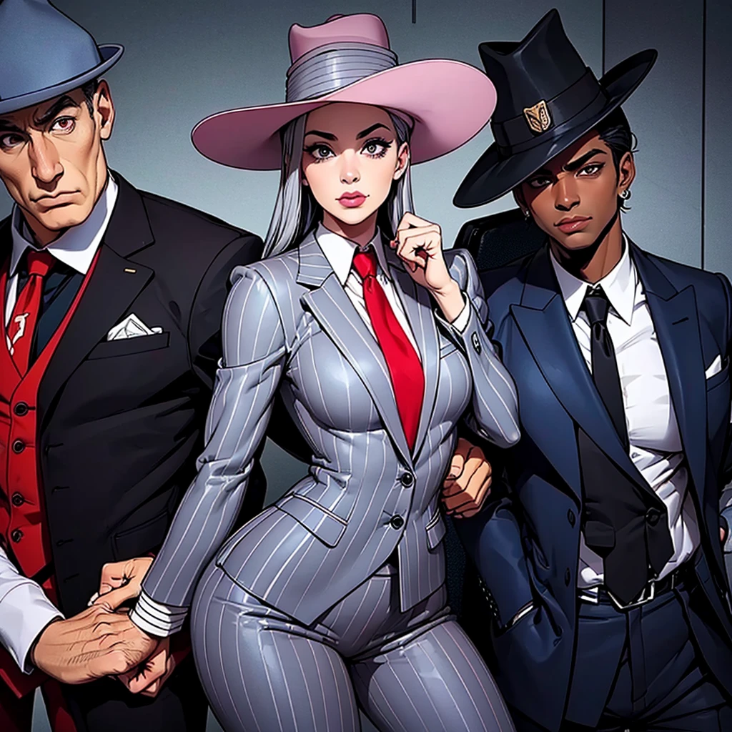 Two people. A woman and a man. Woman in gray suit and red tie. Man in pinstripe suit and white hat. Pose of a couple. Jojo pose. Woman with dark skin. Man with Clear Skin