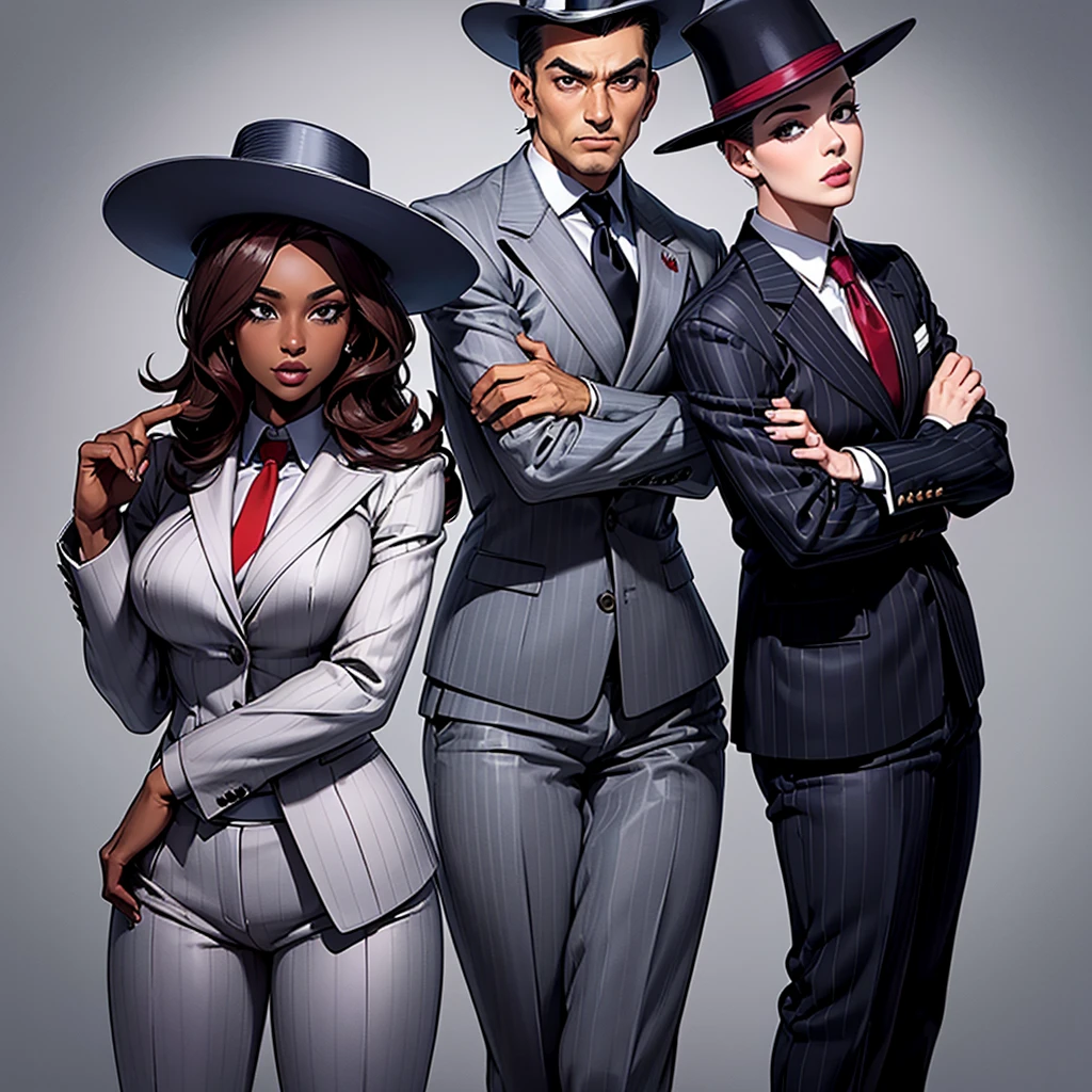 Two people. A woman and a man. Woman in gray suit and red tie. Man in pinstripe suit and white hat. Pose of a couple. Jojo pose. Woman with dark skin. Man with Clear Skin