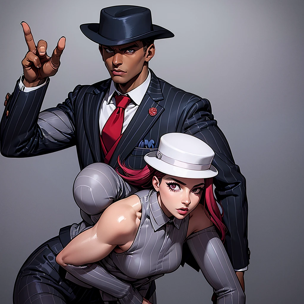 Two people. A woman and a man. Woman in gray suit and red tie. Man in pinstripe suit and white hat. Pose of a couple. Jojo pose. Woman with dark skin. Man with Clear Skin