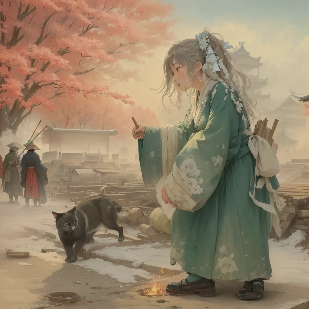 Painting of a woman in a green dress and a cat, artwork in the style of Gwaiz, Gwaiz, Gwaiz on pixiv artstation, Beautiful artwork illustration, Gwaiz on artstation pixiv, Xin Haicheng, Gwaiz masterpiece, palace ， Girl in Han Dress, by Tosa Mitsuhiro Blazing flames, fire, crowd, throng, freezing, mother warming her .Scenery and Cityscape in the Early Meiji Era After the Meiji Restoration, Japan underwent rapid modernization and civilization. Consequently, many changes and reforms occurred. Below is a detailed explanation of the scenery, appearance of the poor, occupations, and cityscapes in the early Meiji period (1868 to the early 1880s). 2. Appearance of the Poor Life for the impoverished and lower classes remained harsh. In particular, in urban areas, people migrated from rural areas or unemployed artisans gathered, intensifying competition in the labor market. Many of them struggled with poverty, often residing in slums or around temples. 3. Occupations Meiji early Japan witnessed a diversification of occupations. Traditional agriculture and handicrafts were accompanied by the rise of modern industry and commerce. Particularly in urban areas, factory workers, shop clerks, and transporters increased, giving rise to new professions. However, many in these occupations endured harsh working conditions. 4. Influence of Civilization and Enlightenment During the Meiji era, Western cultural influences spread rapidly. Changes in clothing, dietary habits, and the proliferation of Western-style architecture advanced, especially in urban areas. Conversely, this development posed a threat to traditional culture and lifestyles, resulting in societal upheaval and adaptation challenges. 5. Social Change and Policy Influence While promoting modernization policies, the government also addressed poverty and social issues. Legislation for labor protection and charitable activities to aid the poor were implemented. Nevertheless, living conditions for the impoverished scarcely improved. The early Meiji period marked a rapid transformation in Japan, with comple