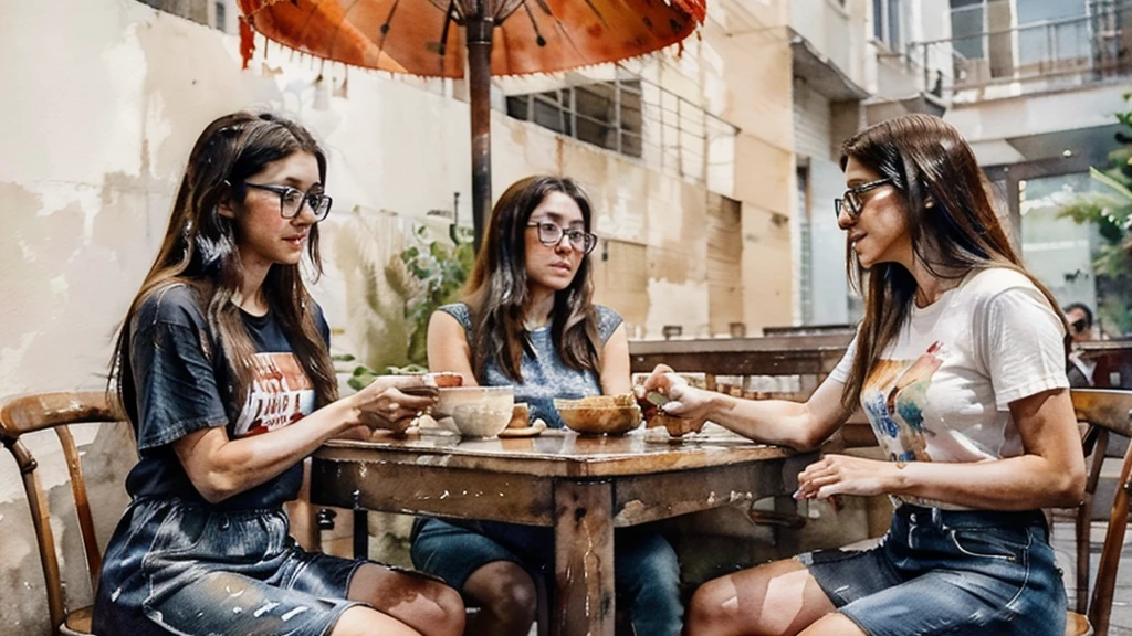 watercolor, A woman around 35 years old, with medium-length hair, wearing a t-shirt and jeans, no glasses.
She is sitting across from a 20-year-old woman with medium-length hair, wearing a long dress, wear Glasses. They are at a Chinese congee shop, each eating a bowl of congee, and engaged in a deep conversation.
