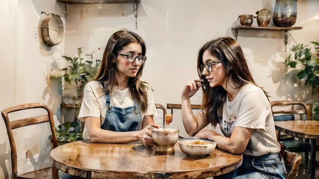 watercolor, A woman around 35 years old, with medium-length hair, wearing a t-shirt and jeans, no glasses.
She is sitting across from a 20-year-old woman with medium-length hair, wearing a long dress, wear Glasses. They are at a Chinese congee shop, each eating a bowl of congee, and engaged in a deep conversation.