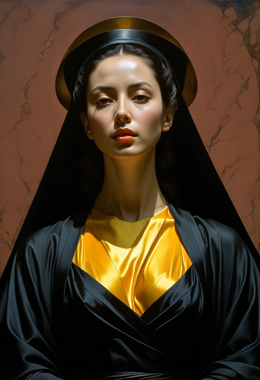 (((Iconic Lady in darkness sunny colors but extremely beautiful))) (((masterpiece,religious, minimalist,mysterious hyperrealistic))) (((Monochrome solid colors))) (((Gorgeous,sophisticated))) (((by Michael Curtiz style,by caravaggio style))),digital artwork by Beksinski,Zhao Liying,Liu Shishi