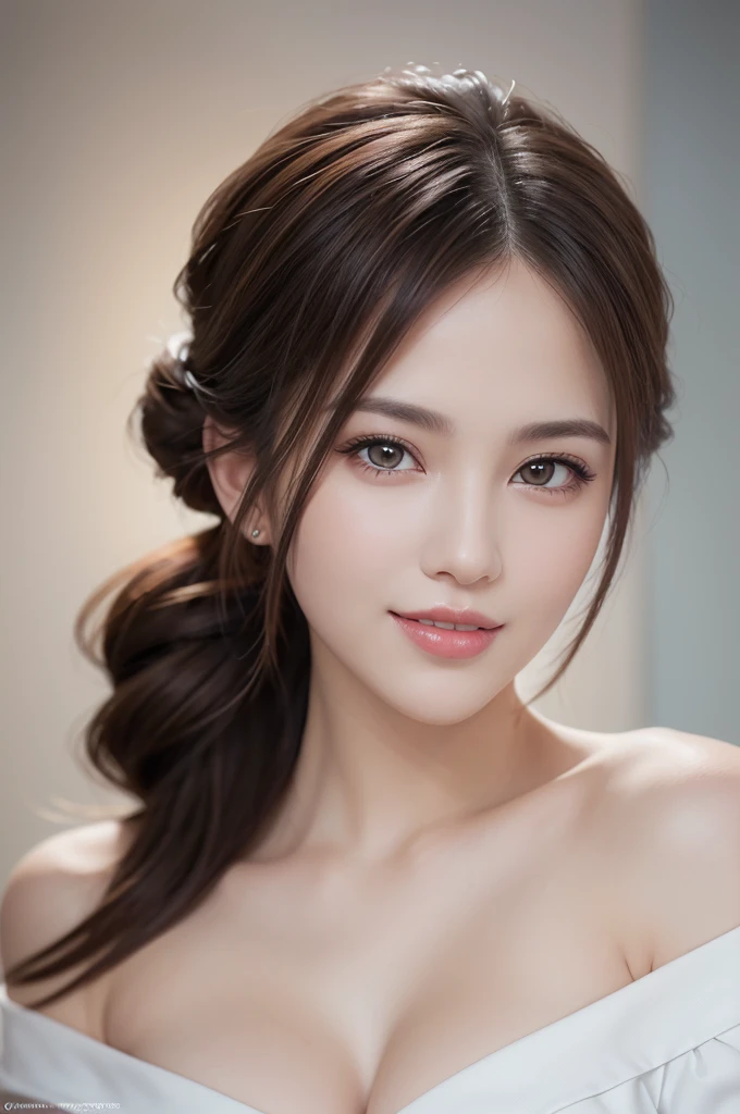 1woman, Updo hairstyle, (Ultra realistic, high res), (highly detailed eyes, highly detailed hair, highly detailed face, highly detailed plump lips), (off shoulder with open breasts), breasts, upper body, caute smile, (best quality:1.4), Raw photo, (realistic, photo-realistic:1.37), professional photography, cinematic light, (fine face: 1.2),