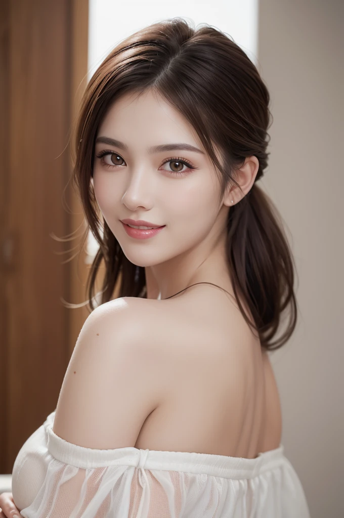 1woman, Updo hairstyle, (Ultra realistic, high res), (highly detailed eyes, highly detailed hair, highly detailed face, highly detailed plump lips), (off shoulder with open breasts), breasts, upper body, caute smile, (best quality:1.4), Raw photo, (realistic, photo-realistic:1.37), professional photography, cinematic light, (fine face: 1.2),