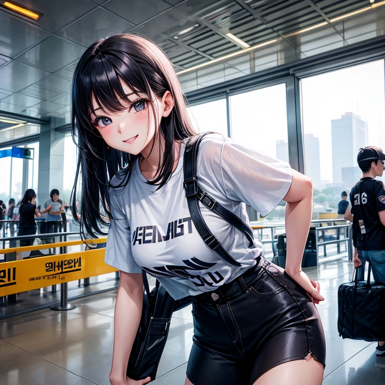 Real photos of Korean women, Cross bangs, Smile, t-shirt, At the airport, leave, Head-up shooting, Vague, Ultra high quality, masterpiece, High resolution, 16K