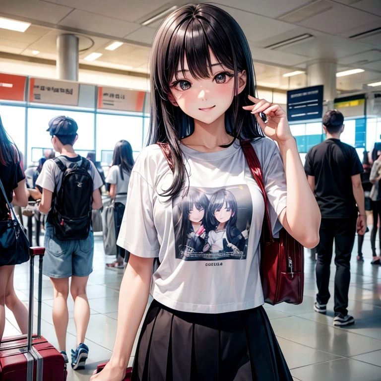 Real photos of Korean women, Cross bangs, Smile, t-shirt, At the airport, leave, Head-up shooting, Vague, Ultra high quality, masterpiece, High resolution, 16K