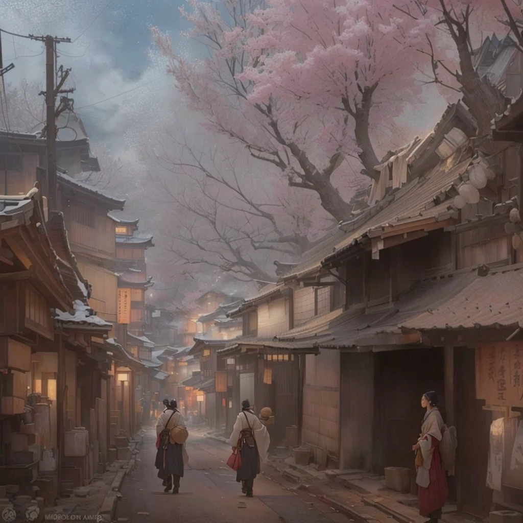 Man walking on the street々Street scene painting with, Old Asian Village, Japanese Village, Japanese Street, Atmospheric. Digital Painting, Dreamy city in China, Painterly concept art, Digital Painting concept art, Oil painting concept art, Chinese Village, Concept Art Painting, fantasy Digital Painting, Japan Streets, matte Digital Painting, Traditional Japanese concept art, Environmental Painting, Concept painting Blazing flames, fire, crowd, throng, freezing, mother warming her baby.Scenery and Cityscape in the Early Meiji Era After the Meiji Restoration, Japan underwent rapid modernization and civilization. Consequently, many changes and reforms occurred. Below is a detailed explanation of the scenery, appearance of the poor, occupations, and cityscapes in the early Meiji period (1868 to the early 1880s). 2. Appearance of the Poor Life for the impoverished and lower classes remained harsh. In particular, in urban areas, people migrated from rural areas or unemployed artisans gathered, intensifying competition in the labor market. Many of them struggled with poverty, often residing in slums or around temples. 3. Occupations Meiji early Japan witnessed a diversification of occupations. Traditional agriculture and handicrafts were accompanied by the rise of modern industry and commerce. Particularly in urban areas, factory workers, shop clerks, and transporters increased, giving rise to new professions. However, many in these occupations endured harsh working conditions. 4. Influence of Civilization and Enlightenment During the Meiji era, Western cultural influences spread rapidly. Changes in clothing, dietary habits, and the proliferation of Western-style architecture advanced, especially in urban areas. Conversely, this development posed a threat to traditional culture and lifestyles, resulting in societal upheaval and adaptation challenges. 5. Social Change and Policy Influence While promoting modernization policies, the government also addressed poverty and social issues. Legislation for labor protection and charitable activities to aid the poor were implemented. Nevertheless, living conditions for the impoverished scarcely improved. The early Meiji