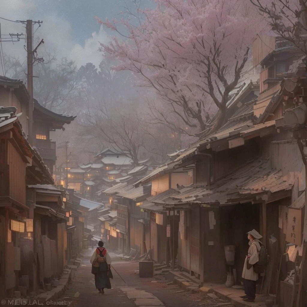 Man walking on the street々Street scene painting with, Old Asian Village, Japanese Village, Japanese Street, Atmospheric. Digital Painting, Dreamy city in China, Painterly concept art, Digital Painting concept art, Oil painting concept art, Chinese Village, Concept Art Painting, fantasy Digital Painting, Japan Streets, matte Digital Painting, Traditional Japanese concept art, Environmental Painting, Concept painting Blazing flames, fire, crowd, throng, freezing, mother warming her baby.Scenery and Cityscape in the Early Meiji Era After the Meiji Restoration, Japan underwent rapid modernization and civilization. Consequently, many changes and reforms occurred. Below is a detailed explanation of the scenery, appearance of the poor, occupations, and cityscapes in the early Meiji period (1868 to the early 1880s). 2. Appearance of the Poor Life for the impoverished and lower classes remained harsh. In particular, in urban areas, people migrated from rural areas or unemployed artisans gathered, intensifying competition in the labor market. Many of them struggled with poverty, often residing in slums or around temples. 3. Occupations Meiji early Japan witnessed a diversification of occupations. Traditional agriculture and handicrafts were accompanied by the rise of modern industry and commerce. Particularly in urban areas, factory workers, shop clerks, and transporters increased, giving rise to new professions. However, many in these occupations endured harsh working conditions. 4. Influence of Civilization and Enlightenment During the Meiji era, Western cultural influences spread rapidly. Changes in clothing, dietary habits, and the proliferation of Western-style architecture advanced, especially in urban areas. Conversely, this development posed a threat to traditional culture and lifestyles, resulting in societal upheaval and adaptation challenges. 5. Social Change and Policy Influence While promoting modernization policies, the government also addressed poverty and social issues. Legislation for labor protection and charitable activities to aid the poor were implemented. Nevertheless, living conditions for the impoverished scarcely improved. The early Meiji