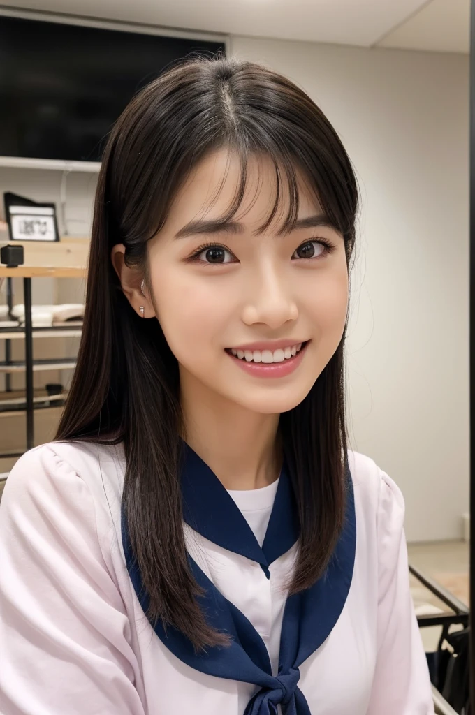 紺と白のセーラー服、Drama club room, high school senior, drama club president, ((full body)), ((photo)), ((best qualtiy, 8K, tmasterpiece:1.3)), Focus:1.2, perfect figure beautiful girl:1.4, 1girl, cowboy shot, look at viewer, eyes facing the camera, incredibly absurd, beautiful and cute girl with a photorealistic face, showcasing top-quality craftsmanship, A Japanese girl preparing for club activities in the drama club room, , long, straight, silky black hair, fair skin, big eyes, thin eyebrows, double eyelids, long eyelashes, pink lips, smile, devilish smile, gorgeous features, well-defined facial features, beautiful face line, mysterious beauty, slender, tall, well-balanced proportions, large E-cup breasts, navy blue sailor uniform, favorite silver accessories, well-groomed nails, pretty girl, beauty, devilish type, pretty older sister, passionate about art, sociable, friendly, positive, has leadership skills, is proactive, is flexible, gets things done efficiently, works hard towards dreams and goals, May