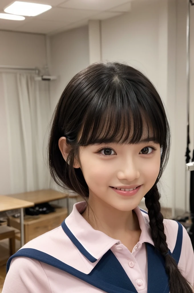 紺と白のセーラー服、Drama club room, high school senior, drama club president, ((full body)), ((photo)), ((best qualtiy, 8K, tmasterpiece:1.3)), Focus:1.2, perfect figure beautiful girl:1.4, 1girl, cowboy shot, look at viewer, eyes facing the camera, incredibly absurd, beautiful and cute girl with a photorealistic face, showcasing top-quality craftsmanship, A Japanese girl preparing for club activities in the drama club room, , long, straight, silky black hair, fair skin, big eyes, thin eyebrows, double eyelids, long eyelashes, pink lips, smile, devilish smile, gorgeous features, well-defined facial features, beautiful face line, mysterious beauty, slender, tall, well-balanced proportions, large E-cup breasts, navy blue sailor uniform, favorite silver accessories, well-groomed nails, pretty girl, beauty, devilish type, pretty older sister, passionate about art, sociable, friendly, positive, has leadership skills, is proactive, is flexible, gets things done efficiently, works hard towards dreams and goals, May