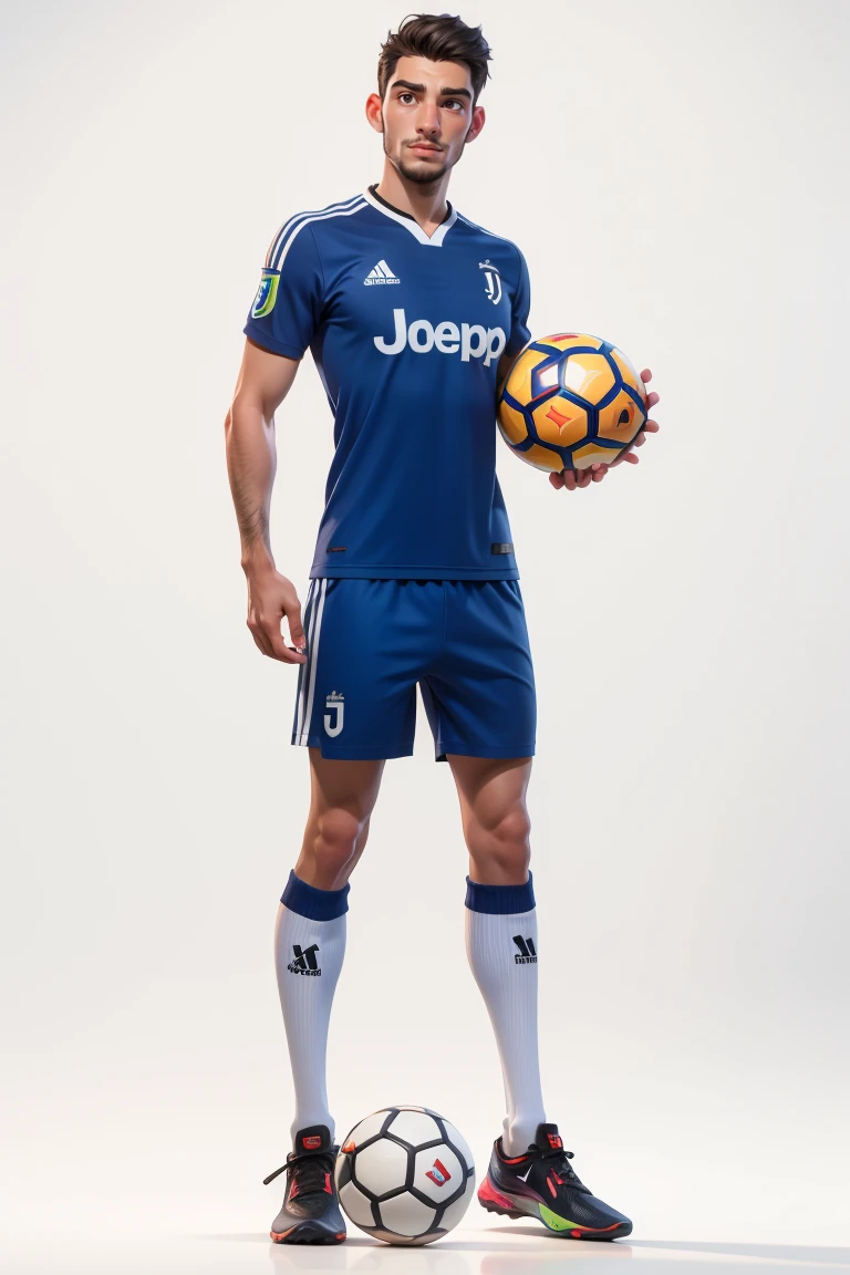 RAW photo,8k uhd,masterpiece,(photorealistic:1.4),best quality,beautiful lighting,3D Art,C4D,OC render,35mm lens,f/1.8,looking at viewer,Juventus Stefano Gori,(full body:1.5),a man,professional soccer player,sports shorts,soccer socks,soccer shoes,soccer ball,man model standing pose,lively,handsome,(white background:1.5)