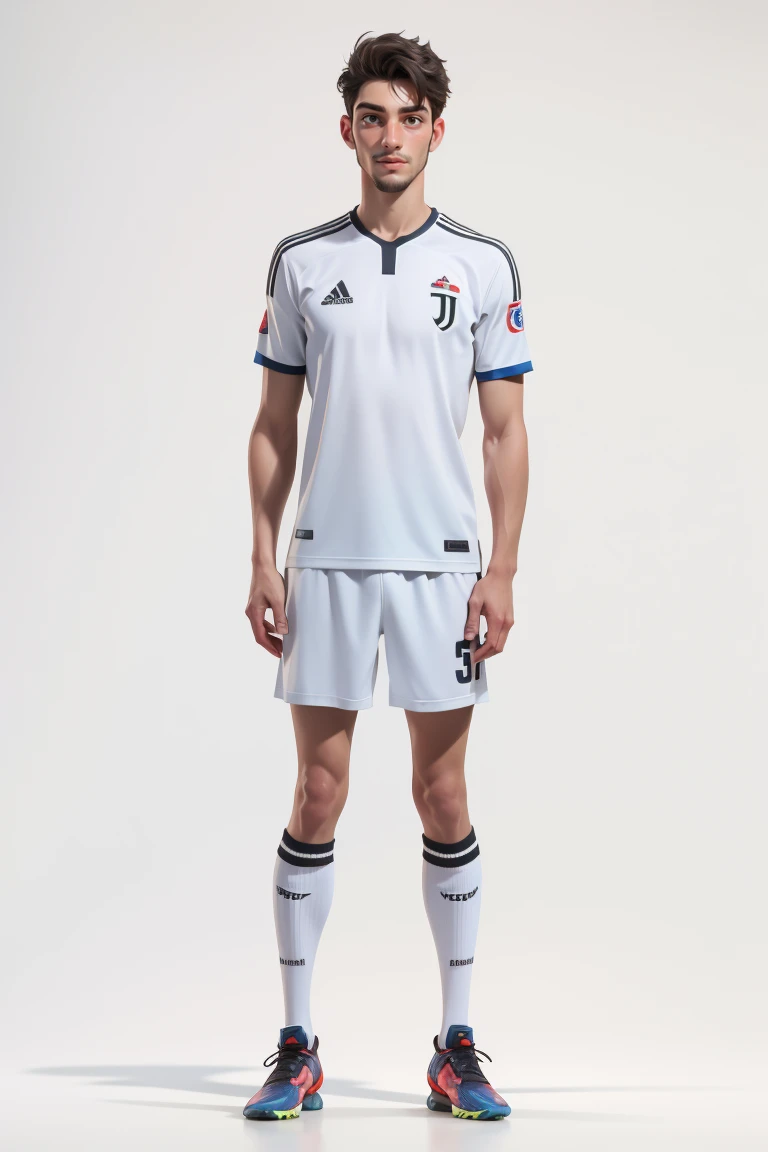 RAW photo,8k uhd,masterpiece,(photorealistic:1.4),best quality,beautiful lighting,3D Art,C4D,OC render,35mm lens,f/1.8,looking at viewer,Juventus Stefano Gori,(full body:1.5),a man,professional soccer player,sports shorts,soccer socks,soccer shoes,soccer ball,man model standing pose,lively,handsome,(white background:1.5)