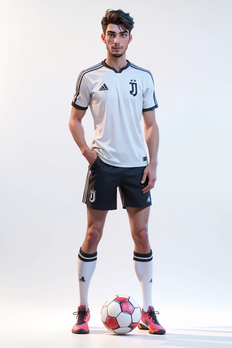 RAW photo,8k uhd,masterpiece,(photorealistic:1.4),best quality,beautiful lighting,3D Art,C4D,OC render,35mm lens,f/1.8,looking at viewer,Juventus Stefano Gori,(full body:1.5),a man,professional soccer player,sports shorts,soccer socks,soccer shoes,soccer ball,man model standing pose,lively,handsome,(white background:1.5)