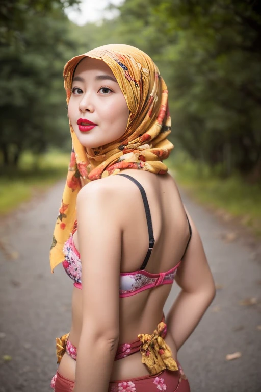 ((thick lips:1.9)), Lace, (Happy smile), (((HIJAB MALAY GIRL))), masutepiece, High quality, UHD 32K, Realistic face, Realistic skin feeling , A Japanese Lady, 8 years old, , Very cute and baby-like face, (((FLAT CHEST))), (Night time at forest), ((look In front  at the camera and SADNESS)), (((FLUORESCENCE))), (((CUTE GIRL))), ((RED & YELLOW LIPS)), ((Floral Pattern)) little wearing strapless bra, strapless colorful bra, dark night horror scary place (from behind up) seductive pose