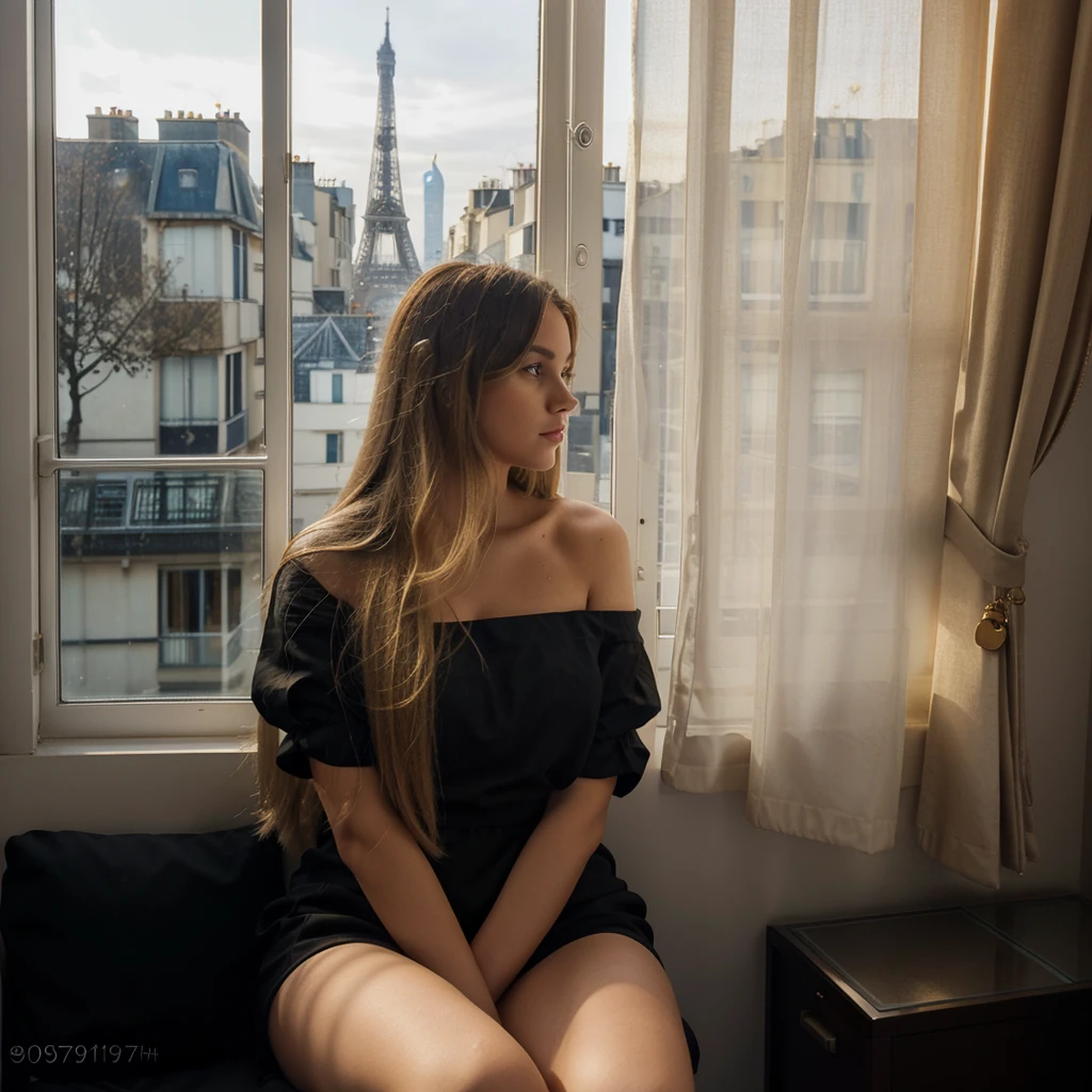 Photograph of a woman with long, straight blonde hair, sitting on a windowsill in a room with beige curtains. She is wearing a black dress and facing away from the camera, looking out at the illuminated Eiffel Tower in the evening. The window is divided into multiple panes by white frames, and a black handbag with a gold emblem is placed on the windowsill next to her. The sky is dark blue, indicating that it is nighttime, and the cityscape of Paris is visible in the background.
