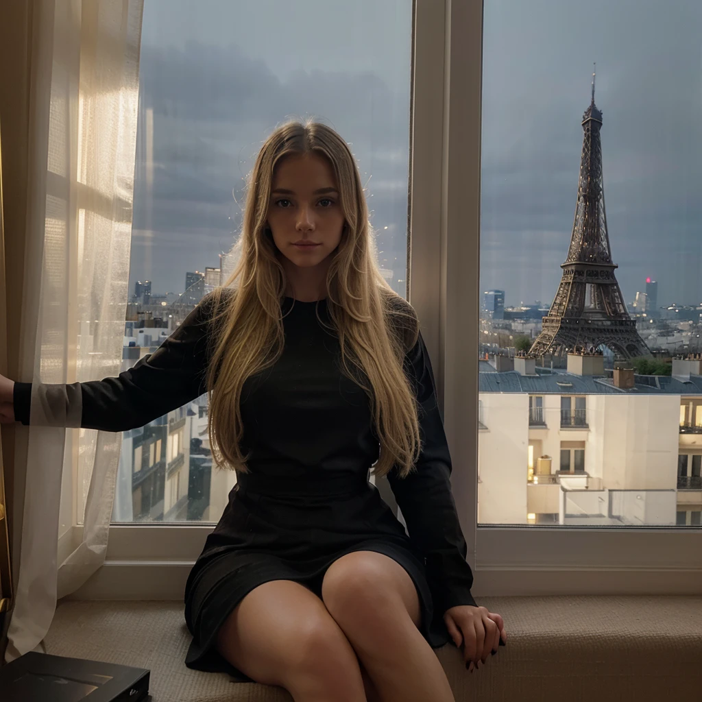 Photograph of a woman with long, straight blonde hair, sitting on a windowsill in a room with beige curtains. She is wearing a black dress and facing away from the camera, looking out at the illuminated Eiffel Tower in the evening. The window is divided into multiple panes by white frames, and a black handbag with a gold emblem is placed on the windowsill next to her. The sky is dark blue, indicating that it is nighttime, and the cityscape of Paris is visible in the background.