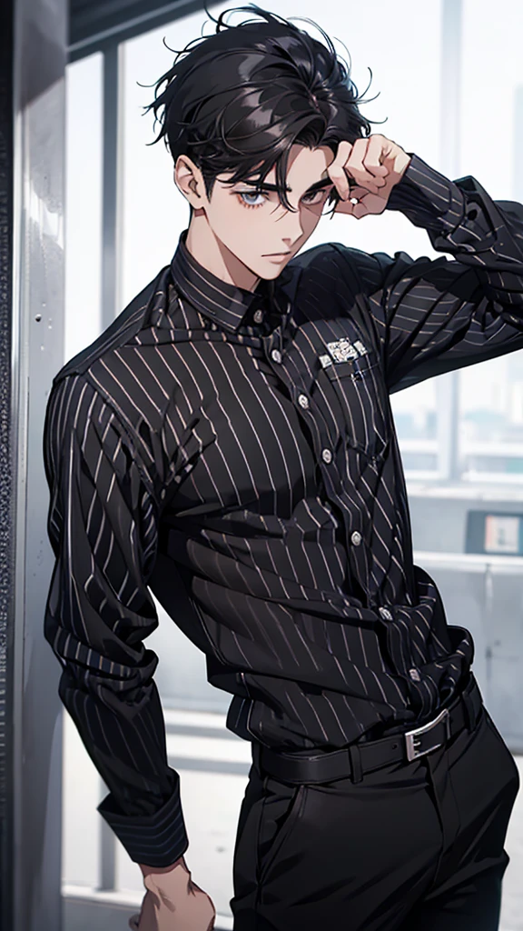 Man, young man, black hair, dark circles under the eyes, black and white striped shirt, thin body, short bangs, shaved sides, black ring on middle finger of right hand