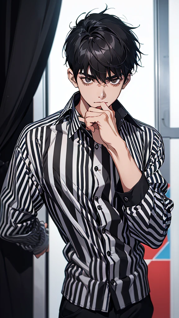 Man, young man, black hair, dark circles under the eyes, black and white striped shirt, thin body, short bangs, shaved sides, black ring on middle finger of right hand