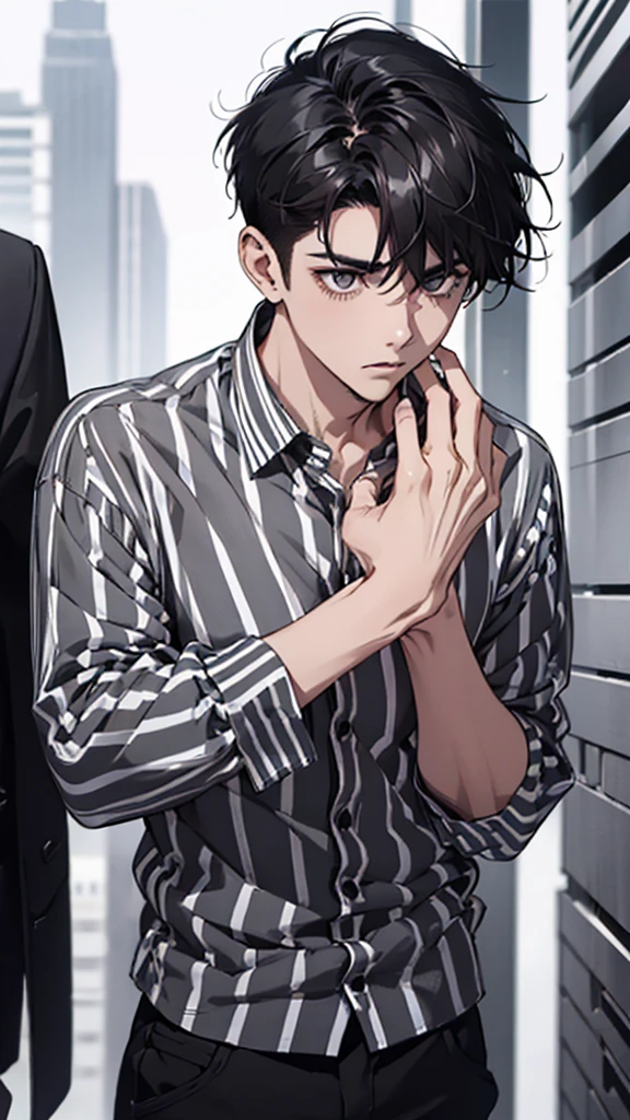 Man, young man, black hair, dark circles under the eyes, black and white striped shirt, thin body, short bangs, shaved sides, black ring on middle finger of right hand