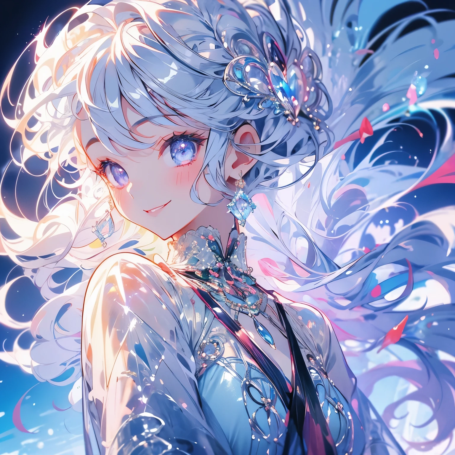 Masterpiece、White Hair、Delicate eyes、smile、Tied up hair、Beautiful hair ornament、Upper Body、night、Ocean, closing eye smiling
