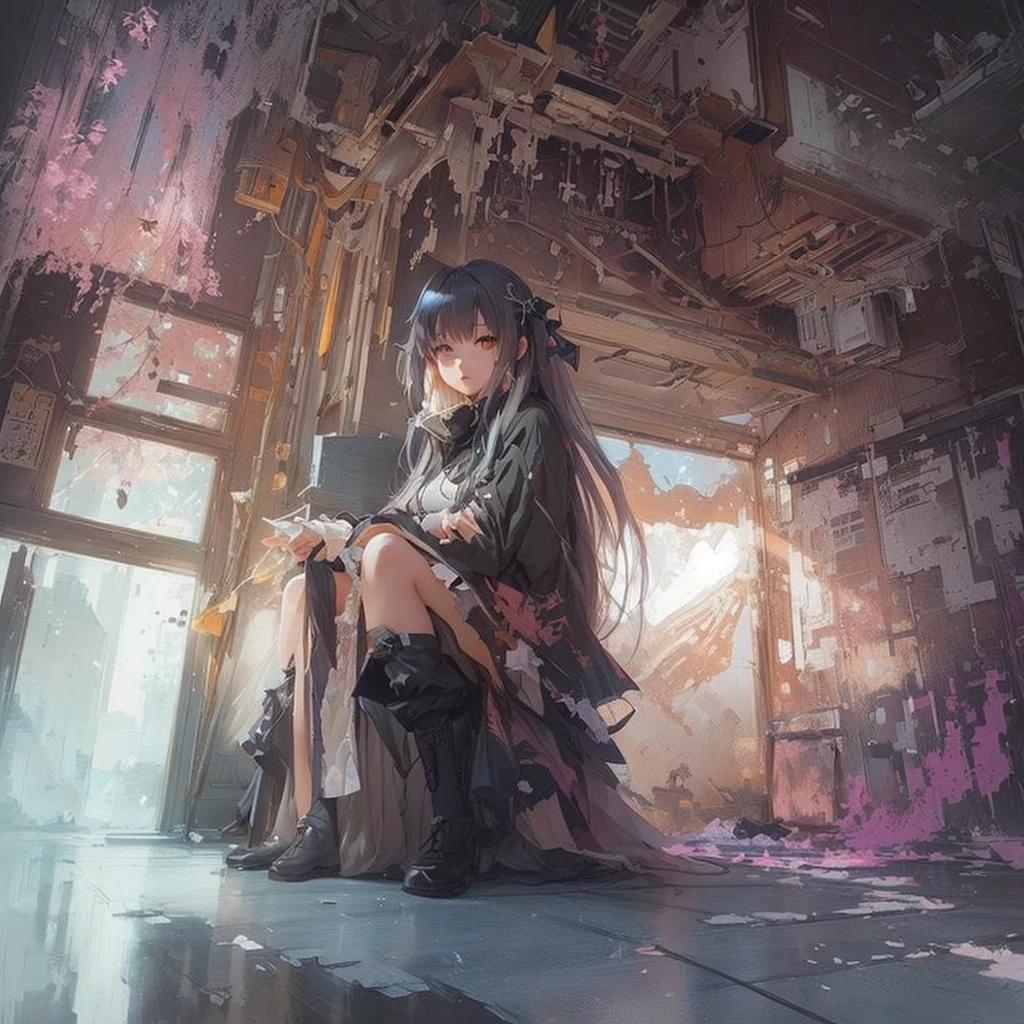 Anime girl sitting on a chair in a room with a window, by Shimo, Jan J, Gwaiz on pixiv artstation, Gwaiz on artstation pixiv, Gwaiz, artstation pixivでトレンド, artwork in the style of Gwaiz, Sosei, Written by Zou Zhe, illustration concept art