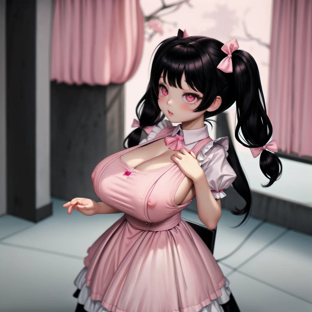 black hair, female, twin tails, solo, smol, pink eyes, massive breasts, very long hair, wear pink maid outfit, masterpiece, ultra high quality