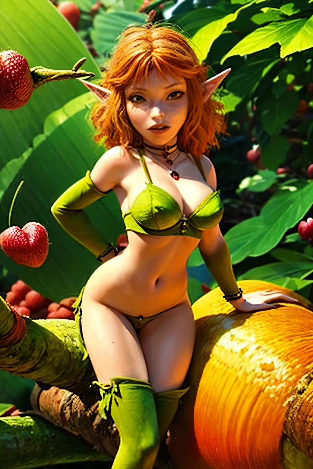 Princess Selenia - Arthur and the Invisibles, Cute sexy elf with short orange hair, freckles, slender body, green eyes, porn, hentai, big , sexy green lingerie, green stockings, giant raspberry bush in the background, shows his butt Arthur and the Minimoys, world of the Minimoys