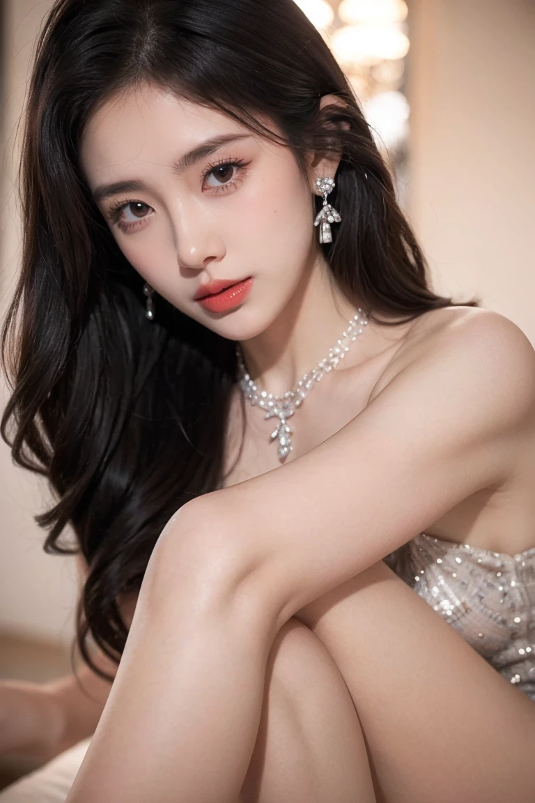 Top CG, Highest image quality, masterpiece, Gentle and beautiful girl, (185cm美女), (fit), Imperial sister, Queen temperament, White skin, ((Long legs)), Perfect facial features, Bright Eyes, Sexy pose, Red lips, Beautiful and cold (A major breakthrough)), Beautiful and heroic, Soft and long hair, shiny, Lace, net, Visible through clear skin, wear glasses, Diamond Earrings, ruby neckLace, (evening dress), 8K Image Quality, (Realistic Portraits), Characters fill the screen, (Facial lighting), ((eternal)