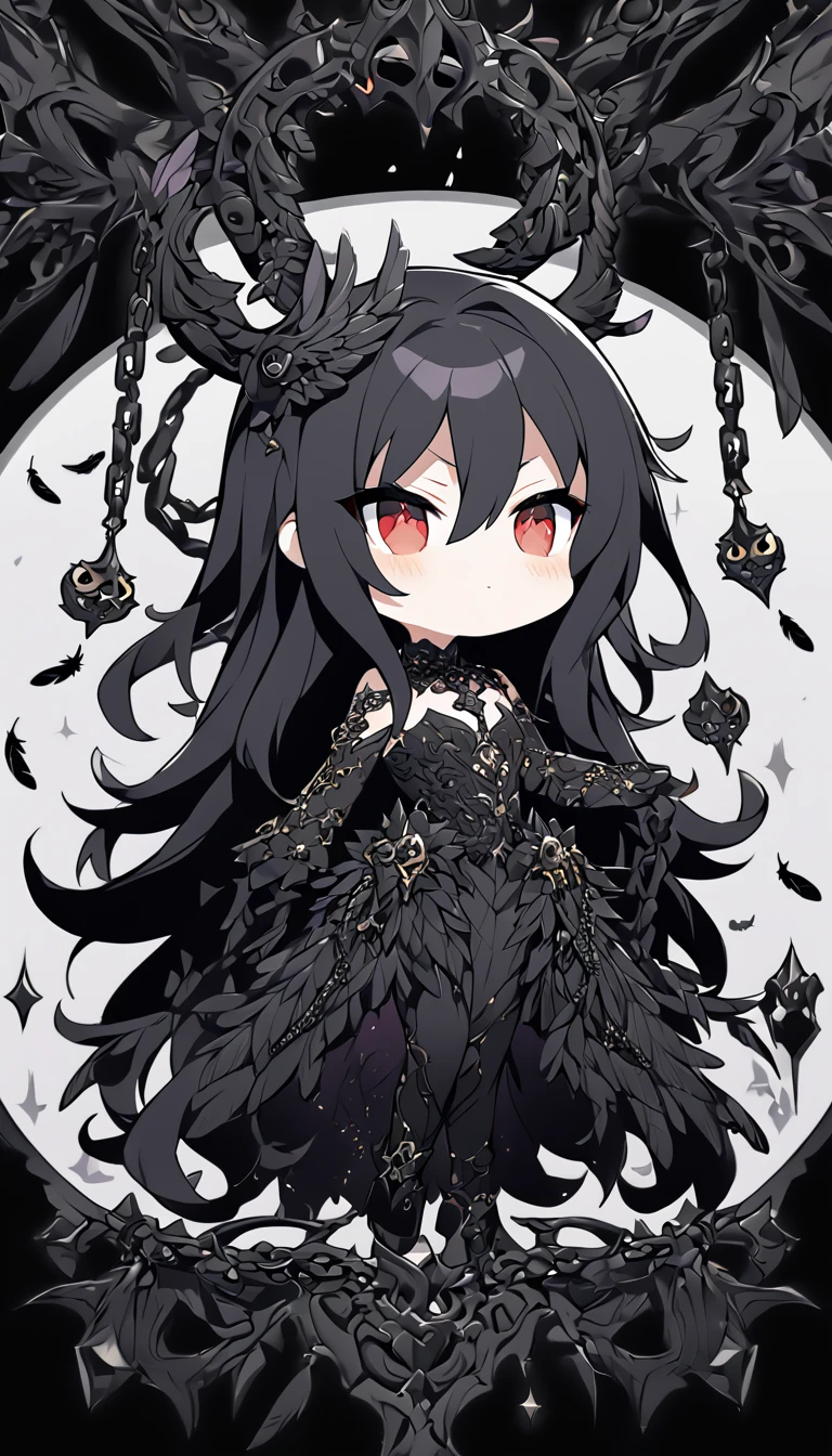 A super-deformed (chibi) style female character designed to appeal to someone with chuunibyou. She embodies the theme of an 'Evil Angel,' featuring dark and celestial elements. The character should have long, flowing hair, possibly in a dark color like black or dark blue, with black wings. She wears a dramatic, intricate outfit with elements like chains, dark feathers, and possibly a dark halo. Her eyes should be large and expressive, with a hint of otherworldly power and malevolence. The background is minimal to keep the focus on the character. The image should be in a 9:16 aspect ratio.