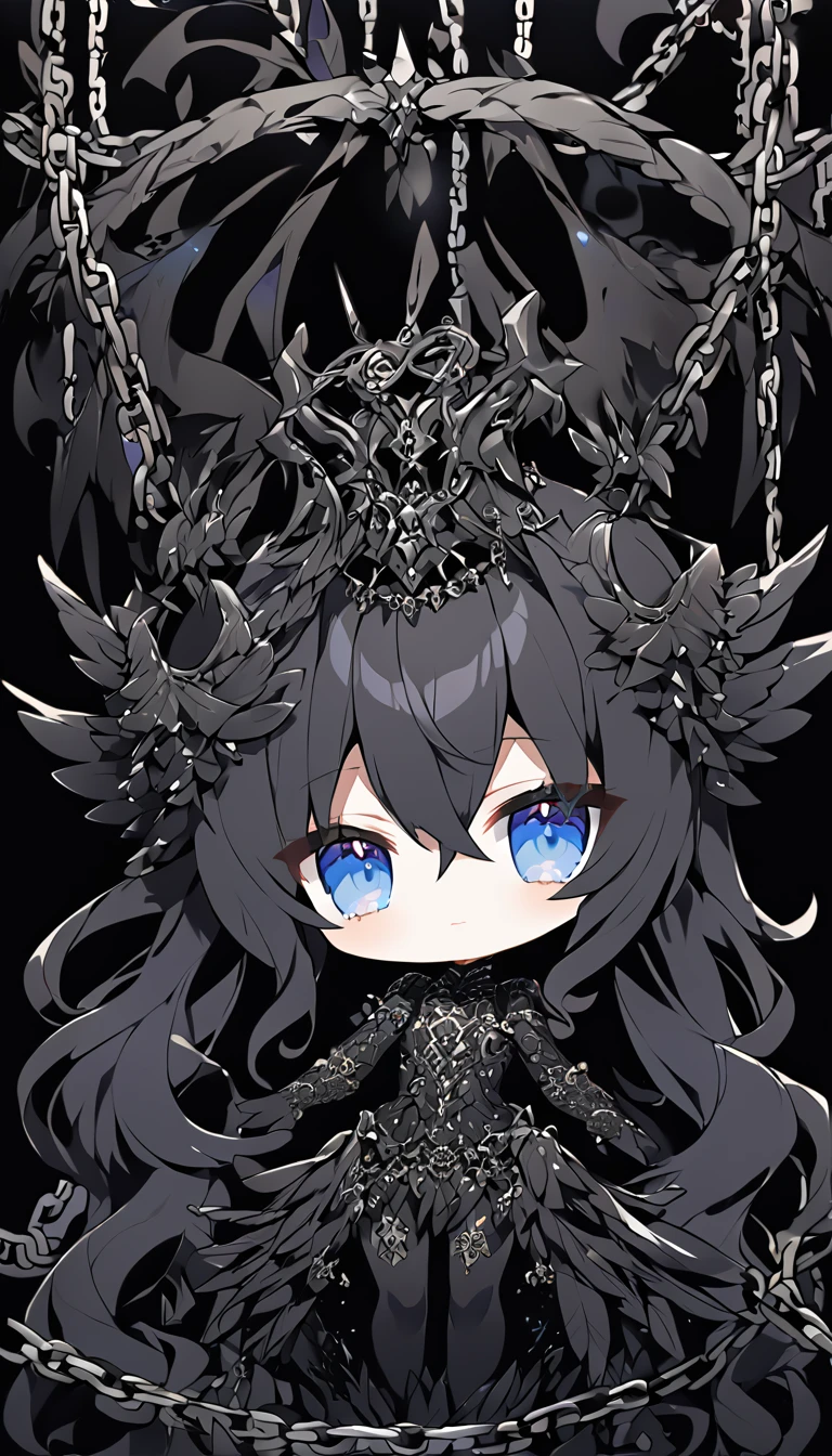 A super-deformed (chibi) style female character designed to appeal to someone with chuunibyou. She embodies the theme of an 'Evil Angel,' featuring dark and celestial elements. The character should have long, flowing hair, possibly in a dark color like black or dark blue, with black wings. She wears a dramatic, intricate outfit with elements like chains, dark feathers, and possibly a dark halo. Her eyes should be large and expressive, with a hint of otherworldly power and malevolence. The background is minimal to keep the focus on the character. The image should be in a 9:16 aspect ratio.