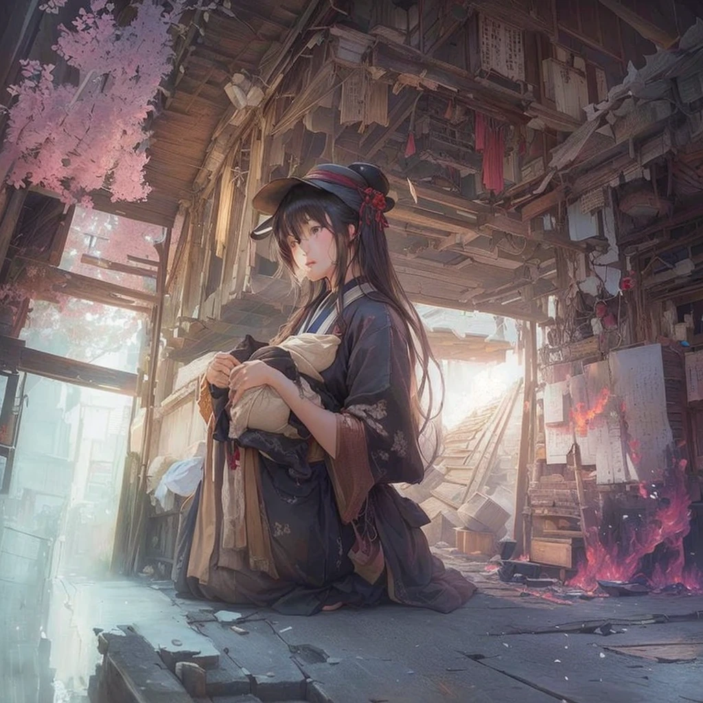 Anime girl sitting on a chair in a room with a window, by Shimo, Jan J, Gwaiz on pixiv artstation, Gwaiz on artstation pixiv, Gwaiz, artstation pixivでトレンド, artwork in the style of Gwaiz, Sosei, Written by Zou Zhe, Illustration concept art Blazing flames, fire, crowd, throng, freezing, mother warming her baby.Scenery and Cityscape in the Early Meiji Era After the Meiji Restoration, Japan underwent rapid modernization and civilization. Consequently, many changes and reforms occurred. Below is a detailed explanation of the scenery, appearance of the poor, occupations, and cityscapes in the early Meiji period (1868 to the early 1880s). 2. Appearance of the Poor Life for the impoverished and lower classes remained harsh. In particular, in urban areas, people migrated from rural areas or unemployed artisans gathered, intensifying competition in the labor market. Many of them struggled with poverty, often residing in slums or around temples. 3. Occupations Meiji early Japan witnessed a diversification of occupations. Traditional agriculture and handicrafts were accompanied by the rise of modern industry and commerce. Particularly in urban areas, factory workers, shop clerks, and transporters increased, giving rise to new professions. However, many in these occupations endured harsh working conditions. 4. Influence of Civilization and Enlightenment During the Meiji era, Western cultural influences spread rapidly. Changes in clothing, dietary habits, and the proliferation of Western-style architecture advanced, especially in urban areas. Conversely, this development posed a threat to traditional culture and lifestyles, resulting in societal upheaval and adaptation challenges. 5. Social Change and Policy Influence While promoting modernization policies, the government also addressed poverty and social issues. Legislation for labor protection and charitable activities to aid the poor were implemented. Nevertheless, living conditions for the impoverished scarcely improved. The early Meiji period marked a rapid transformation in Japan, with co
