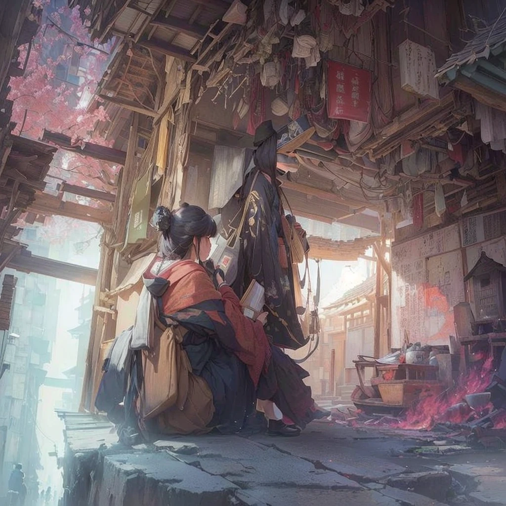 Anime girl sitting on a chair in a room with a window, by Shimo, Jan J, Gwaiz on pixiv artstation, Gwaiz on artstation pixiv, Gwaiz, artstation pixivでトレンド, artwork in the style of Gwaiz, Sosei, Written by Zou Zhe, Illustration concept art Blazing flames, fire, crowd, throng, freezing, mother warming her baby.Scenery and Cityscape in the Early Meiji Era After the Meiji Restoration, Japan underwent rapid modernization and civilization. Consequently, many changes and reforms occurred. Below is a detailed explanation of the scenery, appearance of the poor, occupations, and cityscapes in the early Meiji period (1868 to the early 1880s). 2. Appearance of the Poor Life for the impoverished and lower classes remained harsh. In particular, in urban areas, people migrated from rural areas or unemployed artisans gathered, intensifying competition in the labor market. Many of them struggled with poverty, often residing in slums or around temples. 3. Occupations Meiji early Japan witnessed a diversification of occupations. Traditional agriculture and handicrafts were accompanied by the rise of modern industry and commerce. Particularly in urban areas, factory workers, shop clerks, and transporters increased, giving rise to new professions. However, many in these occupations endured harsh working conditions. 4. Influence of Civilization and Enlightenment During the Meiji era, Western cultural influences spread rapidly. Changes in clothing, dietary habits, and the proliferation of Western-style architecture advanced, especially in urban areas. Conversely, this development posed a threat to traditional culture and lifestyles, resulting in societal upheaval and adaptation challenges. 5. Social Change and Policy Influence While promoting modernization policies, the government also addressed poverty and social issues. Legislation for labor protection and charitable activities to aid the poor were implemented. Nevertheless, living conditions for the impoverished scarcely improved. The early Meiji period marked a rapid transformation in Japan, with co