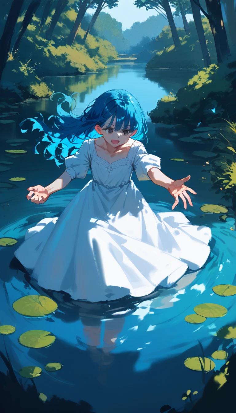 The goddess of the pond, adult woman, blue hair, long hair that reaches down to her waist, Scene of rising from the pond, Floating on the big pond, Sunlight filtering through the trees in the forest, white dress, Reaching out