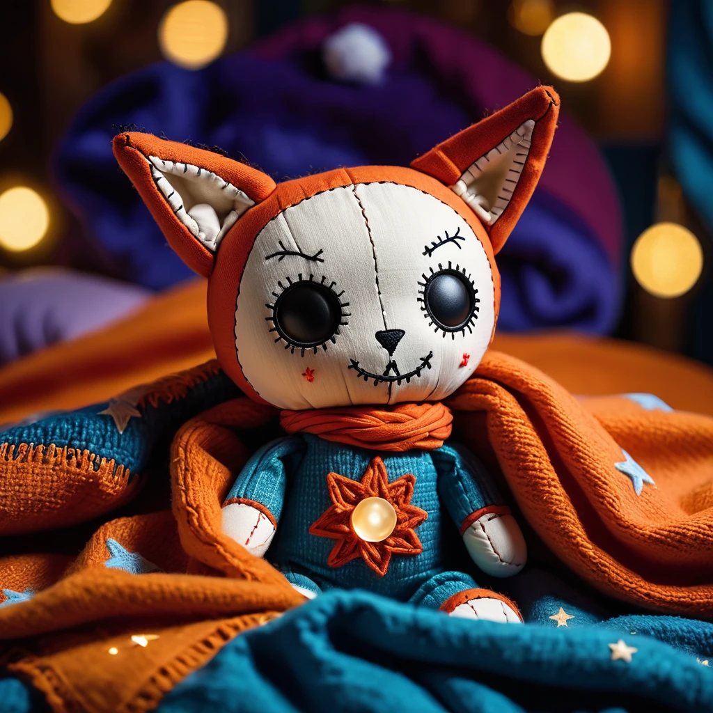 (knitted toy voodoo doll:1.8), (Voodoo Fox Sleeping Under Blanket:1.3), (Clothing: cozy pajamas with magical moon patterns:1.0), (Accessories: enchanted blanket, glowing pillow, mystical stuffed animal:1.2), (background: cozy den with floating, glowing stars and soft snoring:1.2), best quality, masterpiece, detailed soft oil painting, detailed background, dramatic cinematic lighting, soft edge lighting, professional, dramatic lighting, hard edge lighting, ultra quality, 4k, masterpiece, best quality, 8k, ultra high definition, high resolution, extremely detailed