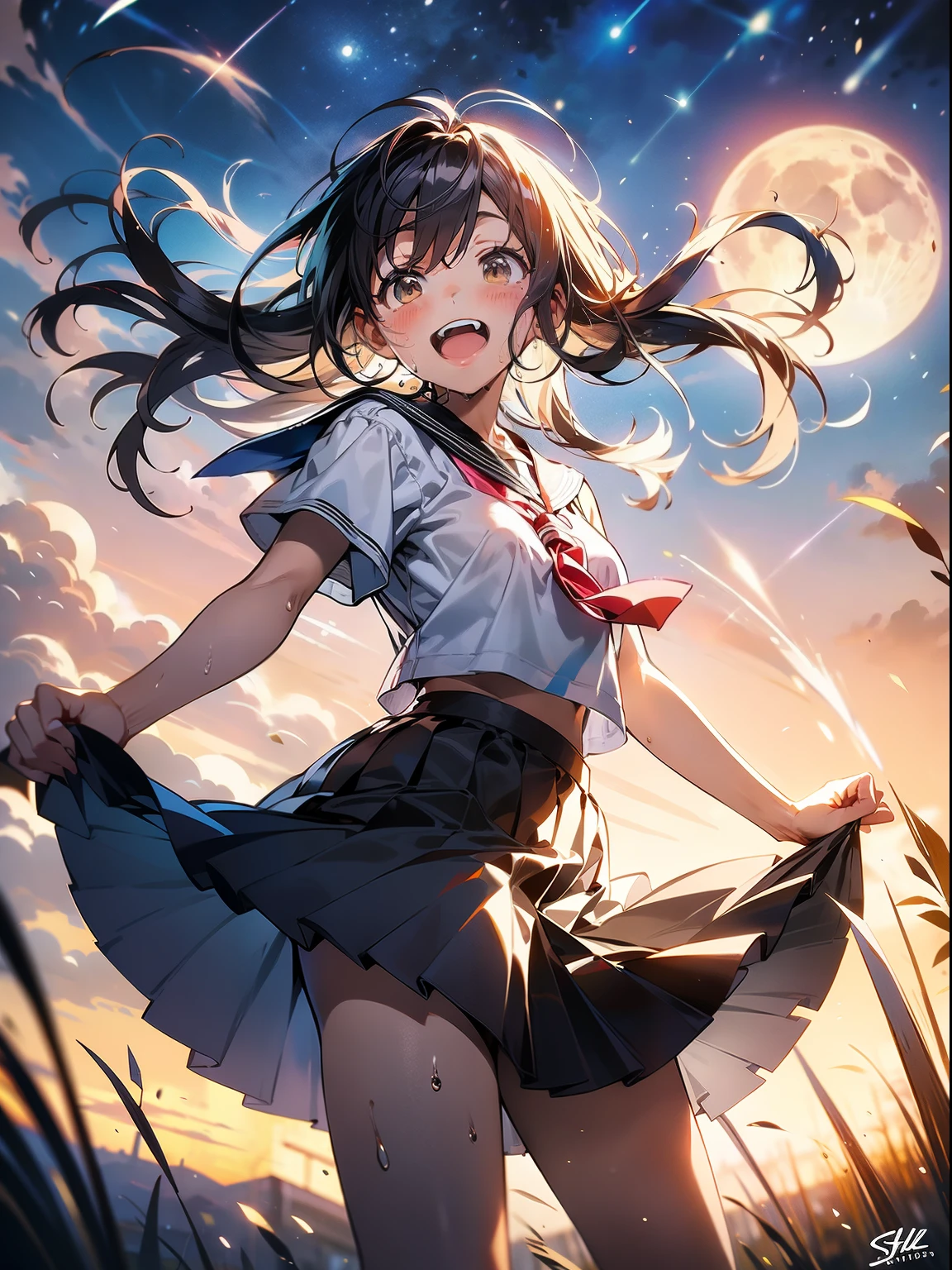 8k、Highest quality、masterpiece、Super detailed、Ultra-high resolution、Anime Style、1 high school girl、、Pampas Steppe、full moon、Moonlight、Checked skirt、The skirt flutters in the wind、dance、fun、Sweaty