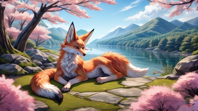 Beautiful Japanese landscape, High Definition, beautiful japanese kitsune, finely detailed, cunning bitch, fox face elongated snout add_detail,in the spring hanami add_detail:1 mistycal aura, 