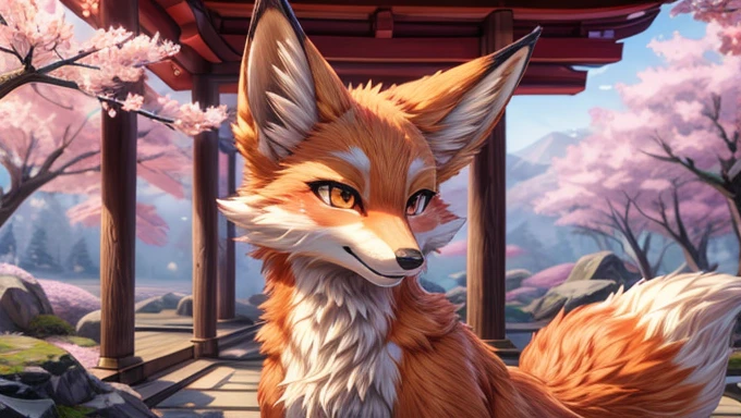 Beautiful Japanese landscape, High Definition, beautiful japanese kitsune, finely detailed, cunning bitch, fox face elongated snout add_detail,in the spring hanami add_detail:1 mistycal aura, 